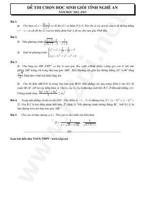 Đề thi chọn học sinh giỏi cấp tỉnh môn Toán Lớp 12 - Năm học 2012-2013 - Sở giáo dục và đào tạo Nghệ An (Có đáp án)